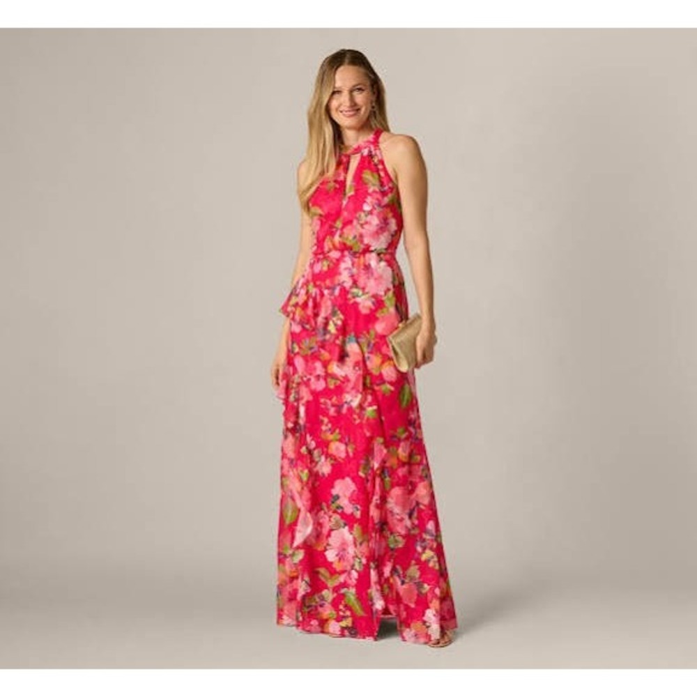 Adrianna Papell Women Dress 6 Pink Multi Mermaid Floral Ruffle Gown